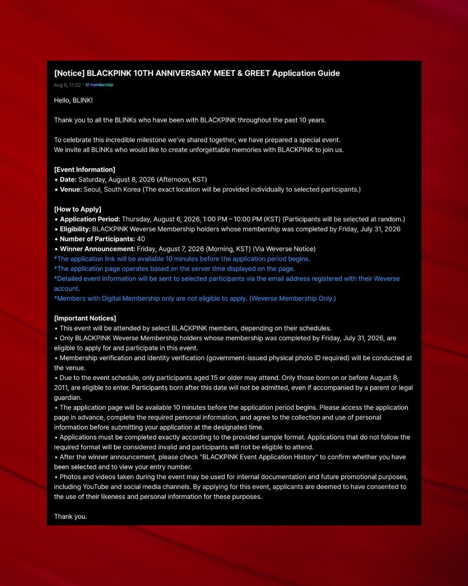 FanBlackpinkfrr's tweet photo. YG organise pour les 10 ans de @BLACKPINK un Meet and Greet reservé à 40 personnes tirées au sort.

La présence complète du groupe c'est pas confirmée. Seuls les membres "disponibles" seront présents. https://t.co/N4OGo8MDmo
