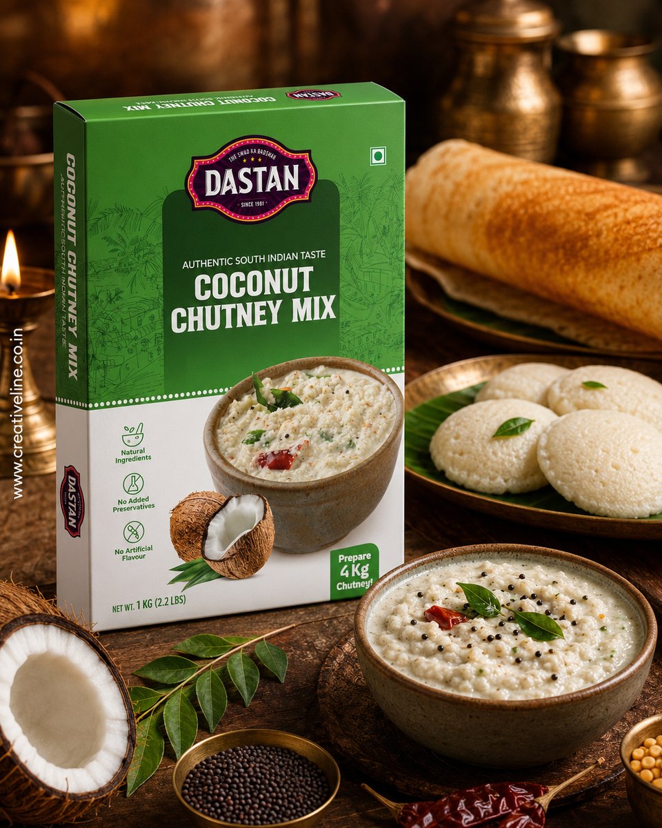 creativeline's tweet photo. Authenticity begins with great design.

A premium packaging concept for Dastan Coconut Chutney Mix, crafted to reflect freshness, tradition, and strong shelf appeal.

Packaging Design by Creativeline Designs LLP

#PackagingDesign #FoodPackaging #Branding #Dastan #CreativeDesign https://t.co/DfPwfzujBf