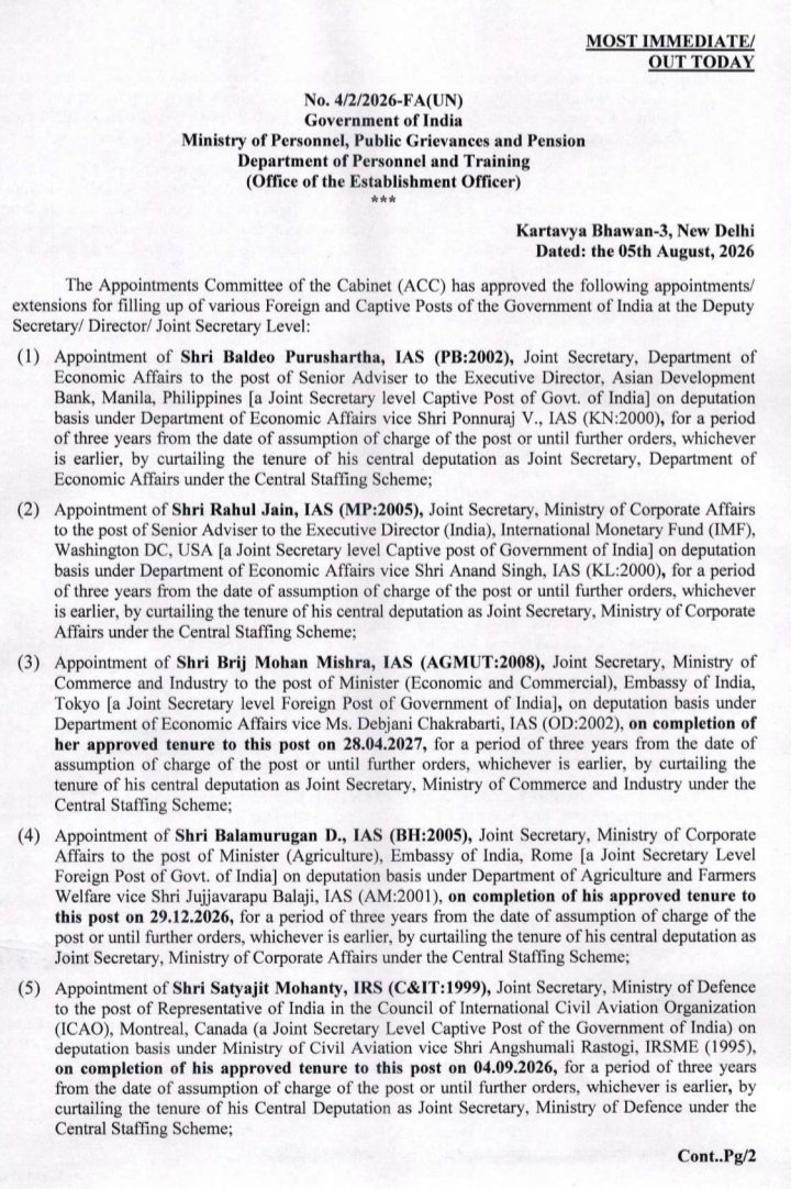 h_pongilath's tweet photo. Appointments Committee of the Cabinet (ACC) has approved the following appointments/extensions for filling up of various Foreign & Captive Posts of the Government of India at the Deputy Secretary/ Director/ Joint Secretary Level..(05/08/2026)
#IAS #IRS #IES #IRAS #IRTS #IDAS https://t.co/J8S9KXewoI