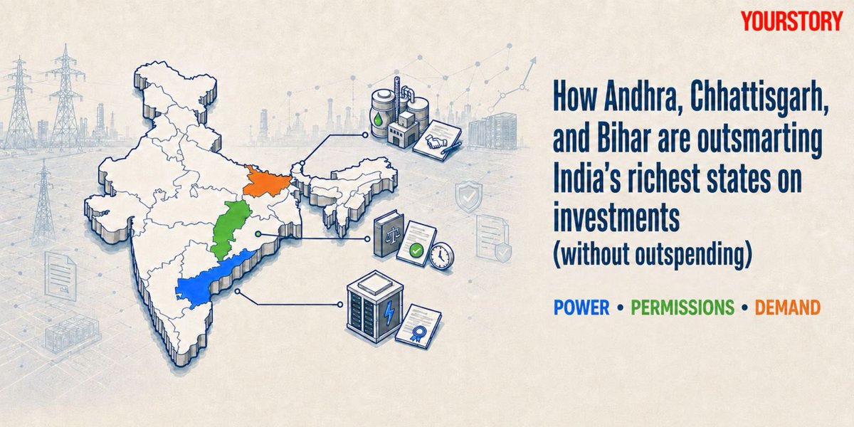 SharmaShradha's tweet photo. Nobody's coming to give you a head start. Sometimes, you have to build the advantage you were not given.

That is what Andhra Pradesh, Chhattisgarh and Bihar are doing.

They cannot rely on outspending India's industrial heavyweights. So they are building a different edge.

Google got a dedicated power licence in AP. 
Chhattisgarh passed a statute expected to cover 15 lakh MSMEs. Bihar's ethanol producers got long-term purchase contracts.

Now these challenger states are gaining ground by giving investors something money alone cannot guarantee: predictability.

Healthy competition among states is good for investors, businesses and most importantly people.

Read our full story, with @PremManukonda and @AdithCharlie  here - 

https://t.co/iUwfWoNoZN