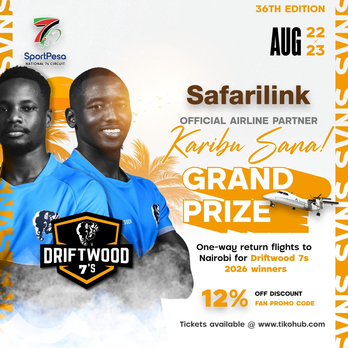 MombasaRugby's tweet photo. The wait is almost over!

Only 15 days until the 36th Edition of the #Driftwoods7s takes over Mombasa!

📍 Mombasa Sports Club
21st –23rd August

🎫 Grab your tickets
https://t.co/M8W7N0JugA

#Driftwood7s2026 #SportPesa7s #MombasaRugby #PackmacHoldings #FreightMaxCoLimited https://t.co/KlnLFch4je