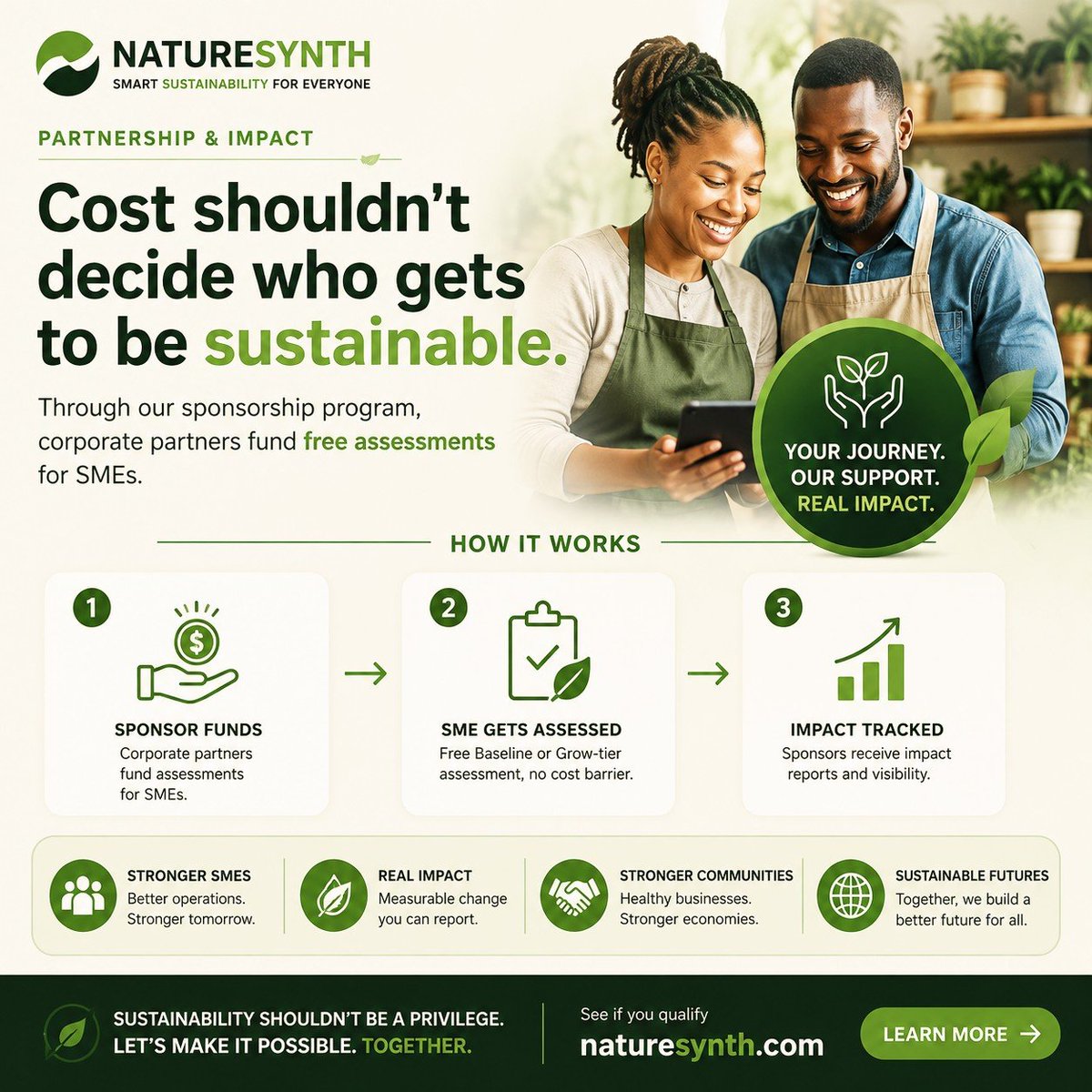 NATURESYNTHHQ's tweet photo. Think certification costs too much?  Not for SMEs. Our sponsors fund free sustainability assessments for small and growing businesses, so cost is no longer the reason to wait. 

See if you qualify at https://t.co/d6dB3JmJie

#Sustainability #SMEs #SmallBusiness #BusinessGrowth https://t.co/dAGiSHOWTp