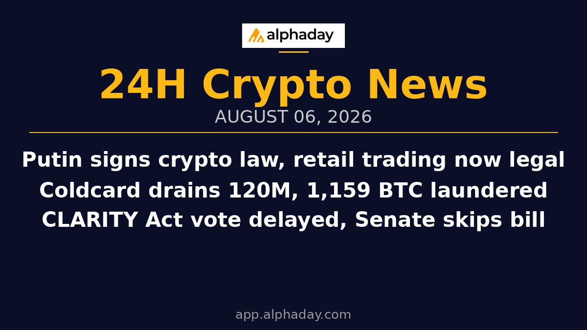 AlphadayHQ's tweet photo. 📰 Alphaday 24h Crypto Roundup — August 6, 2026

🇷🇺 Putin Signs Landmark Crypto Law — Legalizes regulated retail crypto trading, bans domestic payments in Russia (5 sources)

💀 Coldcard Hack Drains $120M, 1,159 BTC Laundered — Attacker doubles Bitcoin hot supply in a week as mixing begins

🏦 US Government Holds 328,372 BTC — Largest National Reserve — Over $21B at current prices, per US Treasury disclosures

⚖️ Binance Sues RedotPay For $473M Over User Diversion — Crypto firm says it will defend itself vigorously in court

💰 Circle Posts $701M Q2 Revenue, USDC Activity Accelerates — USDC market cap up $8B over the past year

🗳️ CLARITY Act Delayed Again, Senate Skips Vote — Crypto bill now faces August recess as Polymarket odds sit at 15%

🔥 Aave, https://t.co/JaaK7U8ghR Push Back On Ethereum Staking Cap — Proposal to burn yield if over 50% of ETH staked faces protocol resistance

🇯🇵 Japan FSA Launches Dedicated Crypto Division Friday — Signals biggest regulatory overhaul in the country's crypto history

📉 BitMart Gives US Users Days To Withdraw Crypto — Exchange enforces aggressive compliance checks before potential freeze

And more at 👉 https://t.co/0DENmtJ6U5