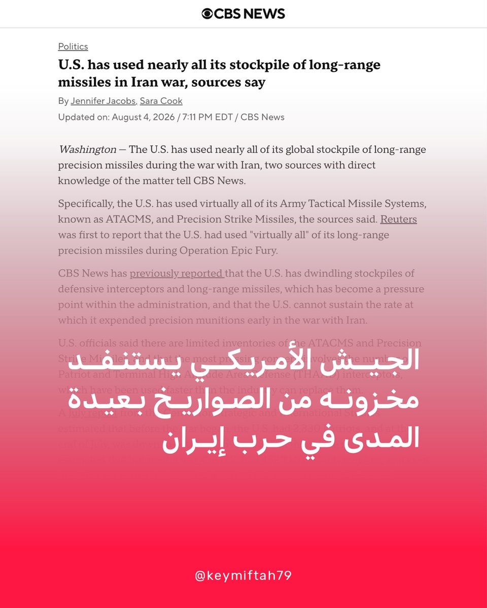 keymiftah79Ksa's tweet photo. خاص لـ سي بي إس نيوز:
⭕️ الجيش الأمريكي يستنفد مخزونه من الصواريخ بعيدة المدى في حرب إيران

▫️ مصدران: صواريخ ATACMS وPrSM استُنفدت بصورة شبه كاملة

▫️ صواريخ باتريوت وTHAAD تُستهلك أسرع من الإنتاج

1\3 https://t.co/E8kxhh14sO