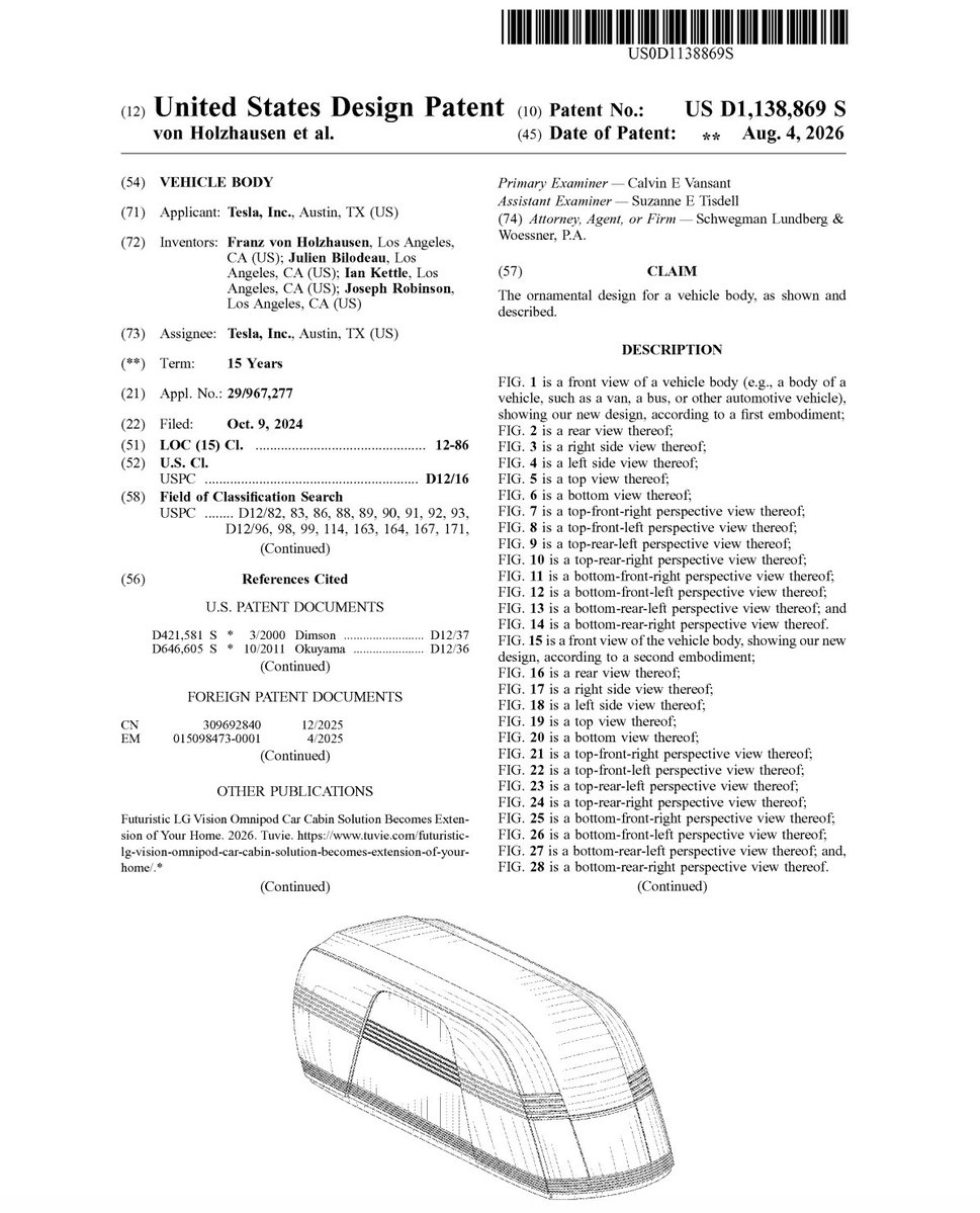 AllTeslas's tweet photo. 🚨Tesla has officially patented the design of the Robovan. 
#Tesla https://t.co/tzKKjNkra6