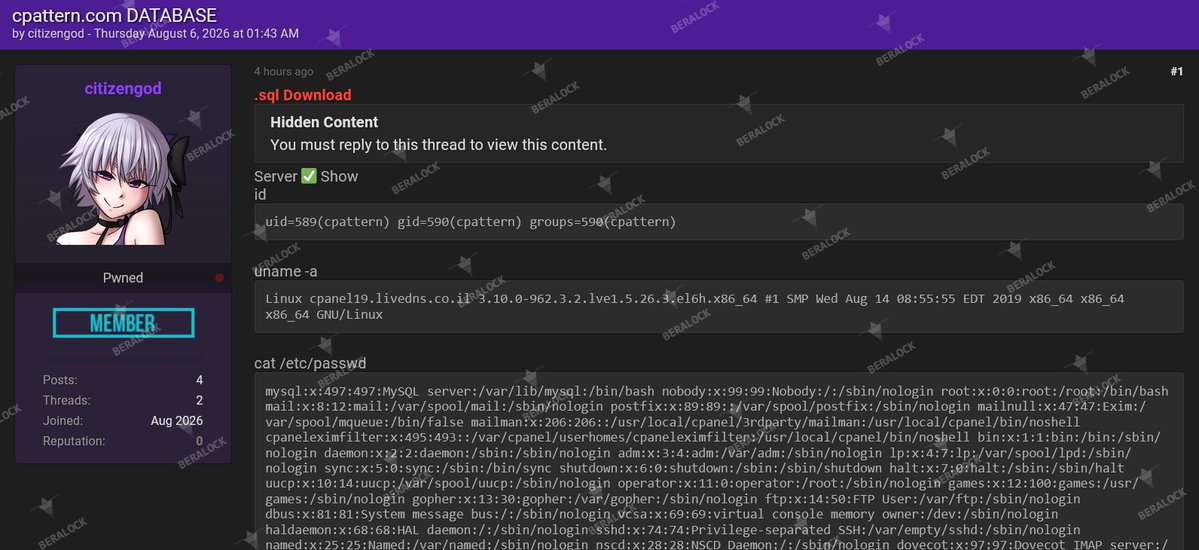 Beralock's tweet photo. https://t.co/OGWPoXIHG3 — Threat Intelligence Alert

An underground forum post claims compromise of https://t.co/OGWPoXIHG3 infrastructure and advertises an SQL database dump.

The post also displays server and system information.

#CyberSecurity #ThreatIntel #DataLeak #DarkWeb https://t.co/MiJAjmDg19