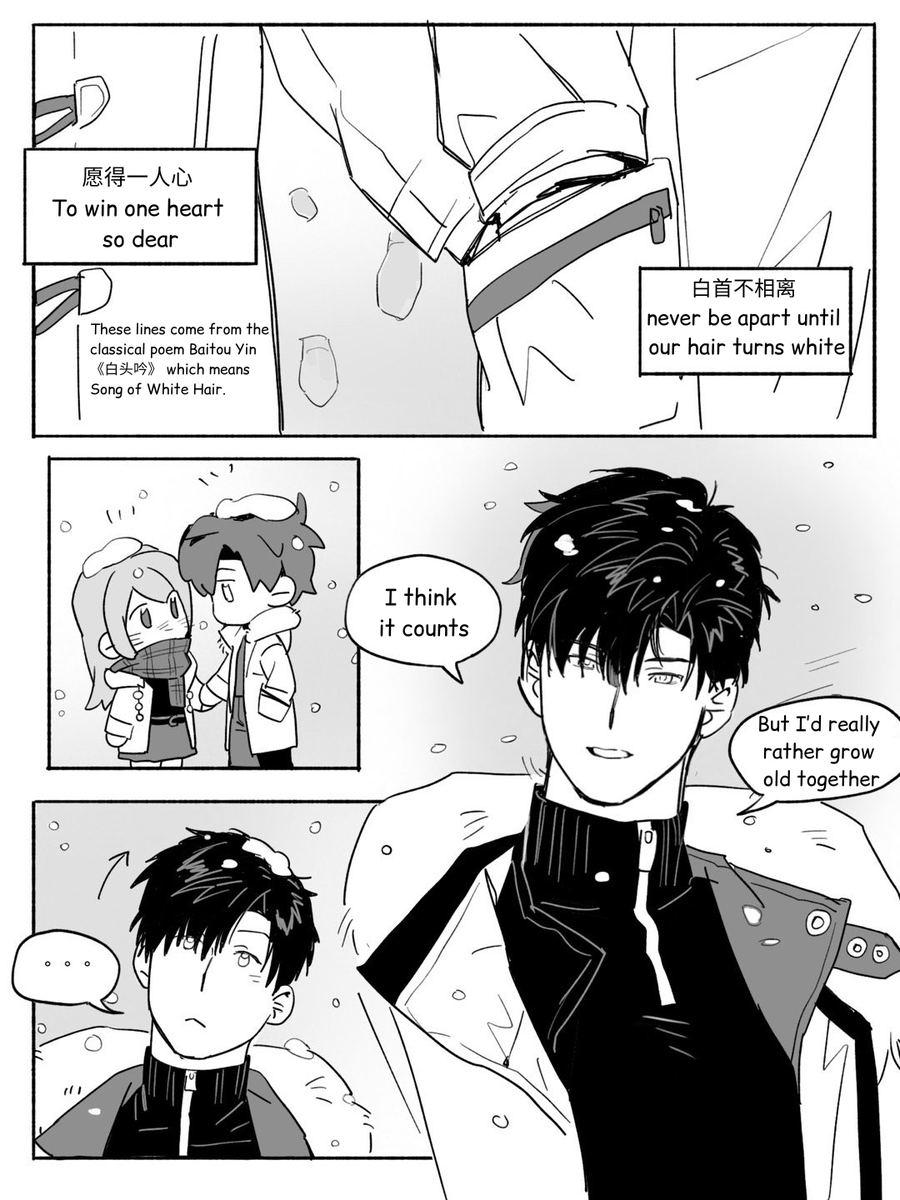 PhuongloveZayne's tweet photo. ❄ Daily Life of ZayneJasmine ❄ Part 31 ❄
The most romantic is growing old together❤️
As the snow falls onto our hair... I think of us years from now, our hair silver with age, still by each other's side.
(Page 1-2/4)

Credit: Weibo 伊伊伊伊伊利
Translation by me.
#Zayne #黎深 https://t.co/ll7pBvVxOa