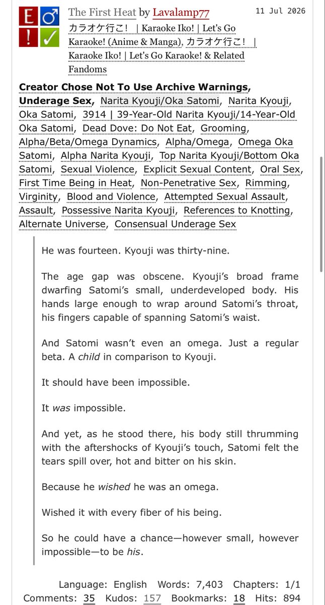 LavaLamp7777's tweet photo. @kyosat0 This one is 3914 omegaverse one 

https://t.co/L2dZpKo0ML

Although today or tomorrow, I’m posting a new virgin!Satomi fic, a rendition of little red riding hood 😂 https://t.co/9JmLjWYYg2