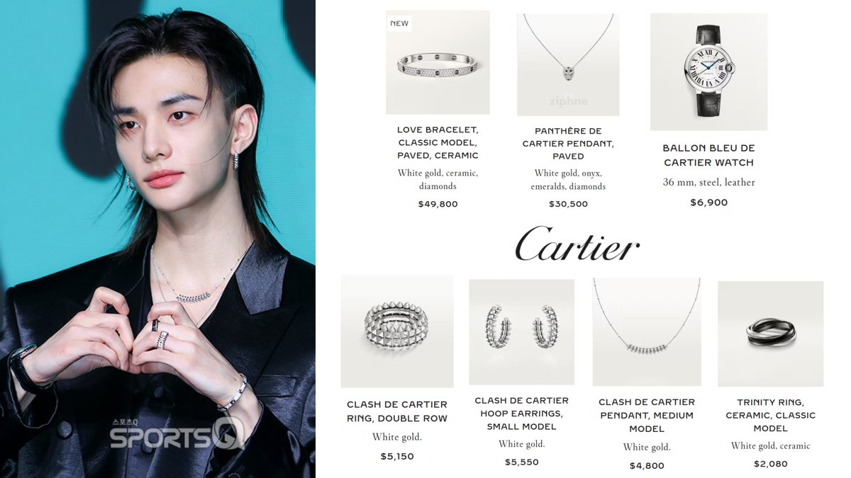ziphne's tweet photo. Hyunjin attended the "THIS &amp; THAT" Press Conference wearing a full Cartier jewelry set with a total retail value of $104,780

The standout piece of his look was Cartier's new LOVE Bracelet (Classic Model, Pavéd, Ceramic), which retails for $49,800

#현진 #HYUNJIN
#HYUNJINxCARTIER https://t.co/sgeZHYpOsB