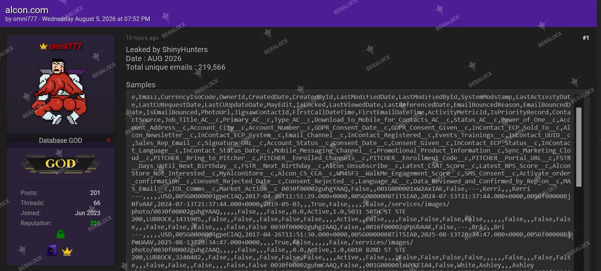 Beralock's tweet photo. Alcon Data Leak Claim

Beralock Threat Intelligence observed an underground listing claiming an Alcon database containing approximately 219,566 unique email records.

Potential risks include phishing, social engineering and targeted account attacks.

#Alcon #DataLeak #ThreatIntel https://t.co/nqthLiED4L