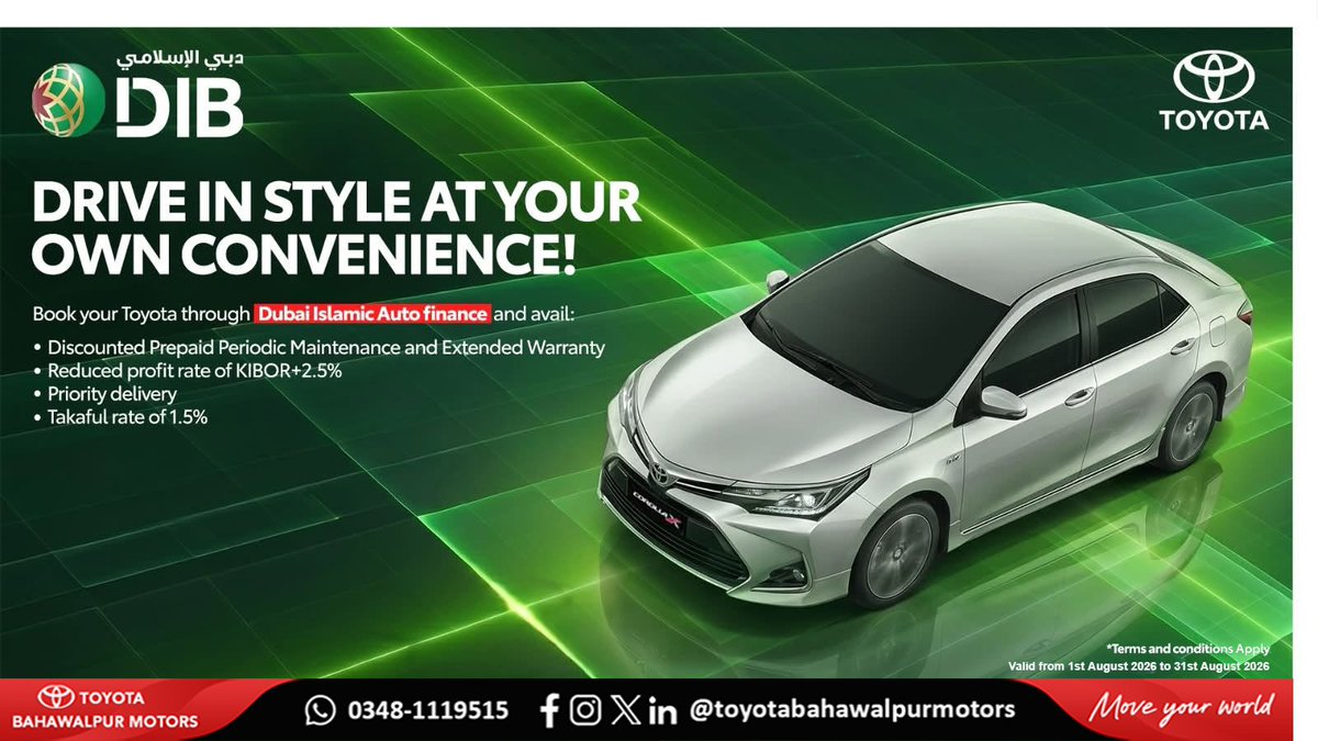 ToyotaBahawalp1's tweet photo. #ToyotaBahawalpurMotors #ToyotaPakistan #DubaiIslamicBank #AutoFinance #DriveYourDream https://t.co/jUNZlUnuX0