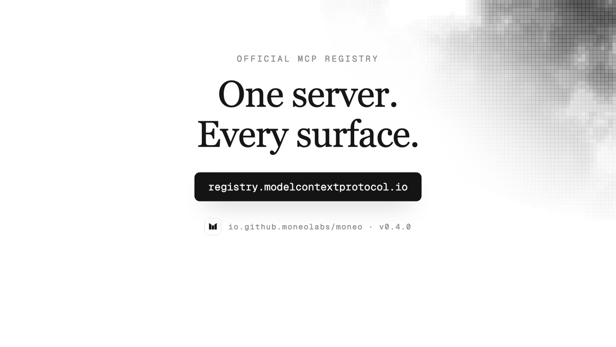 use_mwa's tweet photo. Moneo is now in the official MCP registry.

One of the biggest MCP distribution layer.

The same guarded wallet, discoverable by every client that speaks MCP: VS Code, Copilot, Cursor, Claude, and whatever ships next.

One server, every surface. $MWA. https://t.co/UGi9PLLgHn