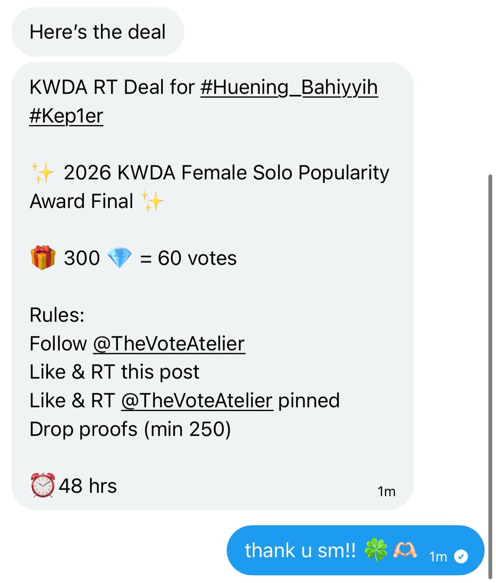 hieitgirl's tweet photo. kwda rt deal for #huening_bahiyyih #kep1er

🍀2026 KWDA Female Solo Popularity Award Final🍀

🎁 300 💎 = 60 votes

rules:
- follow @TheVoteAtelier 
- like &amp; RT this post
- like &amp; RT @TheVoteAtelier pinned
- drop proofs (min 250)‼️

⏰48 hrs https://t.co/Gveke5mePW