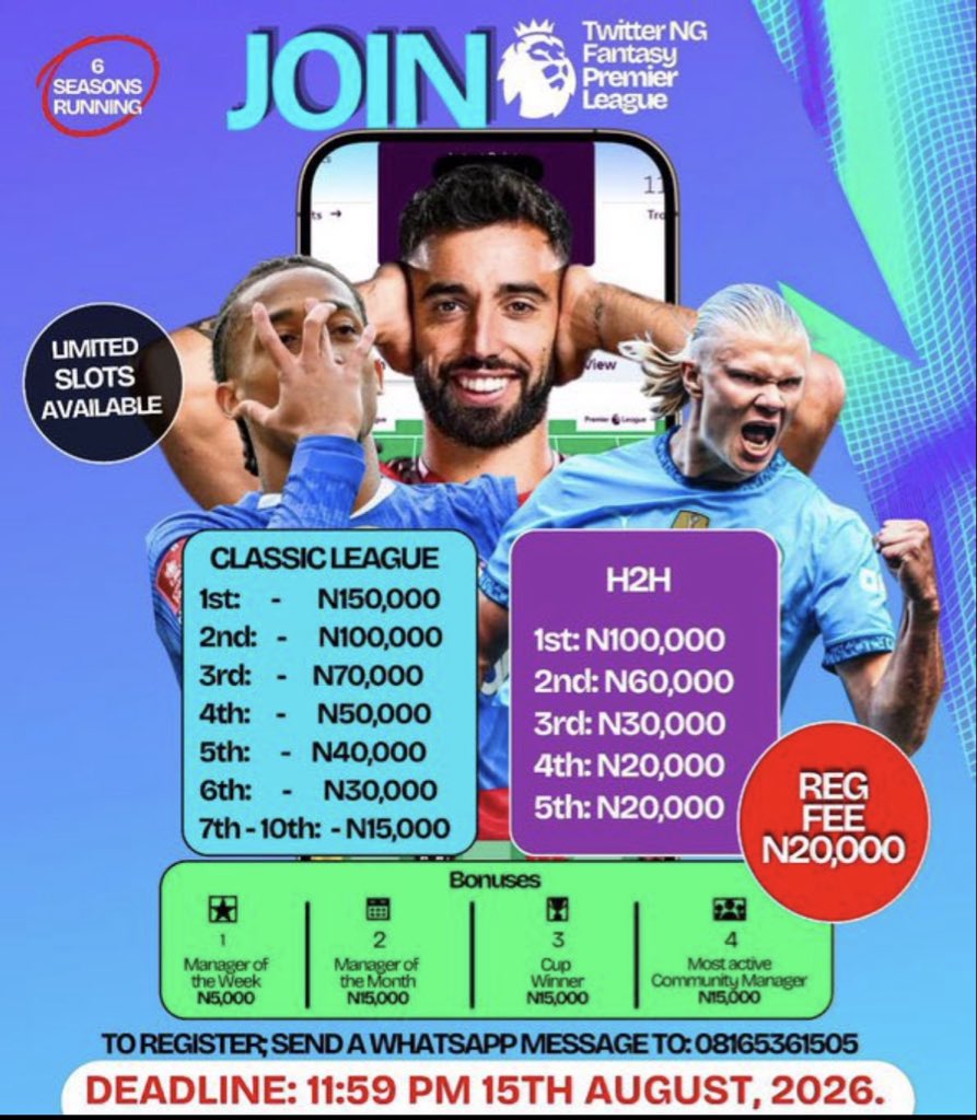 Certifiedopeboi's tweet photo. Want to join the most consistent mini league? Then join @TwiterNGFPL 

Limited slots available, DM “FPL” to @EdmundOris book your slot before it runs out  #FPL https://t.co/jNWn0eaUQ8