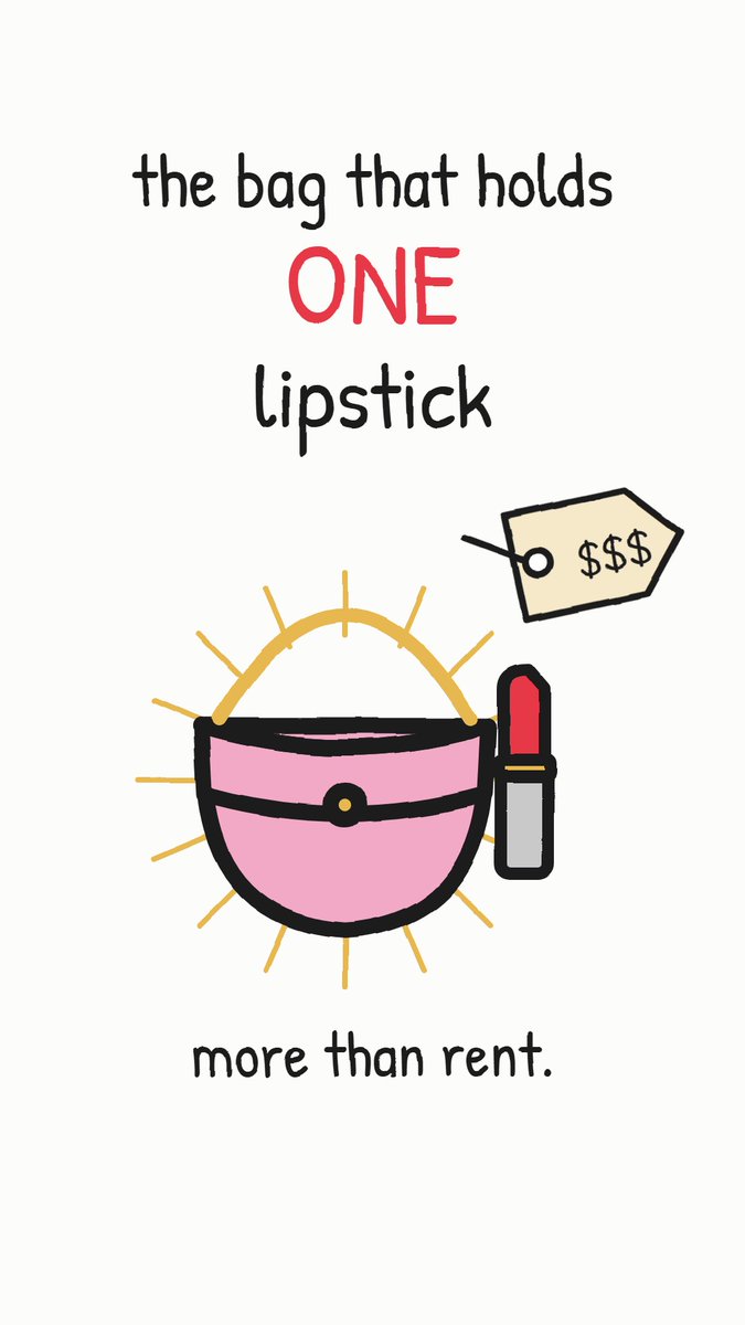 littledotknows's tweet photo. it holds one lipstick and costs more than rent.

usefulness is the cheap part. anything can be useful.
only a few things get to be useless in public.

a bag this small says there's a car outside.

it isn't a bag. it's a sentence you say without speaking. https://t.co/2nTGXihiqK