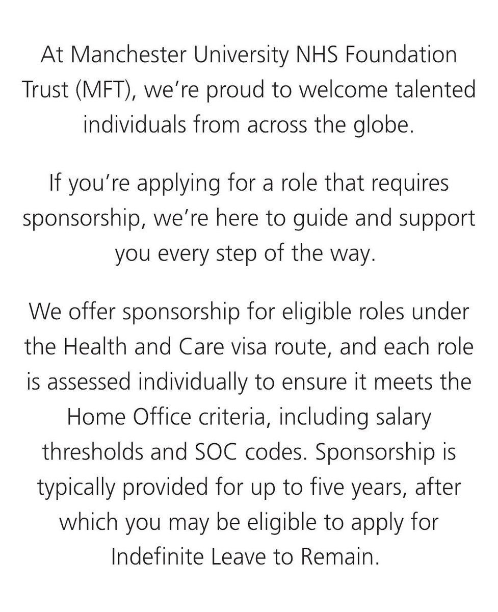careersuk100's tweet photo. If you are Currently in the UK and in search of visa sponsorship, Listen: Most people apply randomly, smart people target trusts that Sponsor.

Below are Five trusts across the UK that can actually sponsor your Visa:

1. Manchester University NHS Foundation Trust (One of the largest employers in the UK)
https://t.co/UCjELcRRzD

2. Stockport NHS Foundation Trust (Offer Sponsorship roles when they meet Skilled worker requirements)
https://t.co/Y4rHZReITv

3. Cambridge University Hospital NHS Foundation Trust (large teaching Trust that frequently offers sponsorship)
https://t.co/9LkYFnPbuB

4. Portsmouth Hospitals University NHS Trust 
https://t.co/03ircpauiI

5. Surrey & Sussex Healthcare NHS Trust (Often recruits International across multiple roles)
https://t.co/u5Ye9khyBb

Please note: These Jobs are open to only those currently in the UK. Those outside the UK should not apply 

Please share this with others in the UK who may be Interested