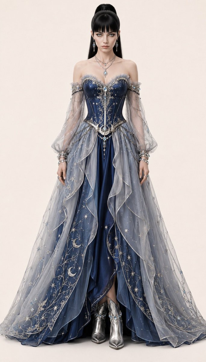 JemiVraxIS's tweet photo. Premium VraxIS Outfit Prompt 079
Upper Body
A sculpted sweetheart corset crafted from midnight sapphire silk duchess satin with internal couture boning. The neckline is framed with pleated silver organza ruffles and fine moonstone bead embroidery. A central panel of shimmering silver filigree embroidery extends vertically through the bodice, accented with crystal embellishments inspired by stars and flowing constellations. Off-the-shoulder detachable illusion tulle sleeves feature gathered upper arms with embroidered silver cuffs and scattered crystal detailing.
Lower Body
A full-length ballroom skirt crafted from layered sapphire satin beneath flowing translucent silver chiffon. Multiple cascading panels create graceful movement while embroidered celestial vines, crescent motifs, and shimmering metallic thread flow organically across the lower half of the skirt. Hidden layers of soft tulle add volume without excessive weight.
Waist
A sculptural silver metallic waist ornament featuring layered crescent forms and faceted moonstone cabochons naturally defines the waist. Crystal chains drape subtly from either side, integrating seamlessly into the flowing skirt.
Footwear
Silver leather ankle boots with a softly pointed toe, sculpted heel, polished metallic finish, concealed side fastening, and refined stitched construction. Crystal detailing around the heel and collar.
Accessories
Layered moonstone and crystal pendant necklace.
Silver chandelier earrings with sapphire gemstones.
Polished silver and crystal bracelets.
Crystal arm cuffs with fine articulated chain detailing.
Refined moonstone cocktail ring.
Materials
Silk duchess satin.
Silk chiffon.
Illusion tulle.
Metallic embroidery.
Moonstone cabochons.
Faceted crystal embellishments.
Polished sterling silver hardware.
Satin lining.
Colour Palette
Midnight sapphire.
Moonstone silver.
Ice blue.
Pearl white.
Soft platinum.
Deep navy.
Crystal clear.