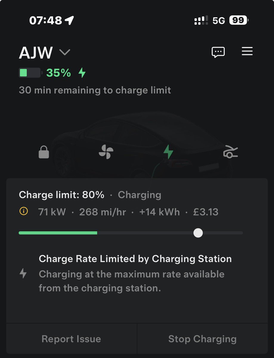 CscsSecurity's tweet photo. @BuckCllr South Mimms is 21p/kWh until 8am. Sadly, the Superchargers there are limited to 71kW, but here’s the nice part: if you plug in before 8am, you’ll keep the 21p/kWh rate for your entire charging session. That’s a pretty nice move by Tesla. https://t.co/U1Z1A4K34p