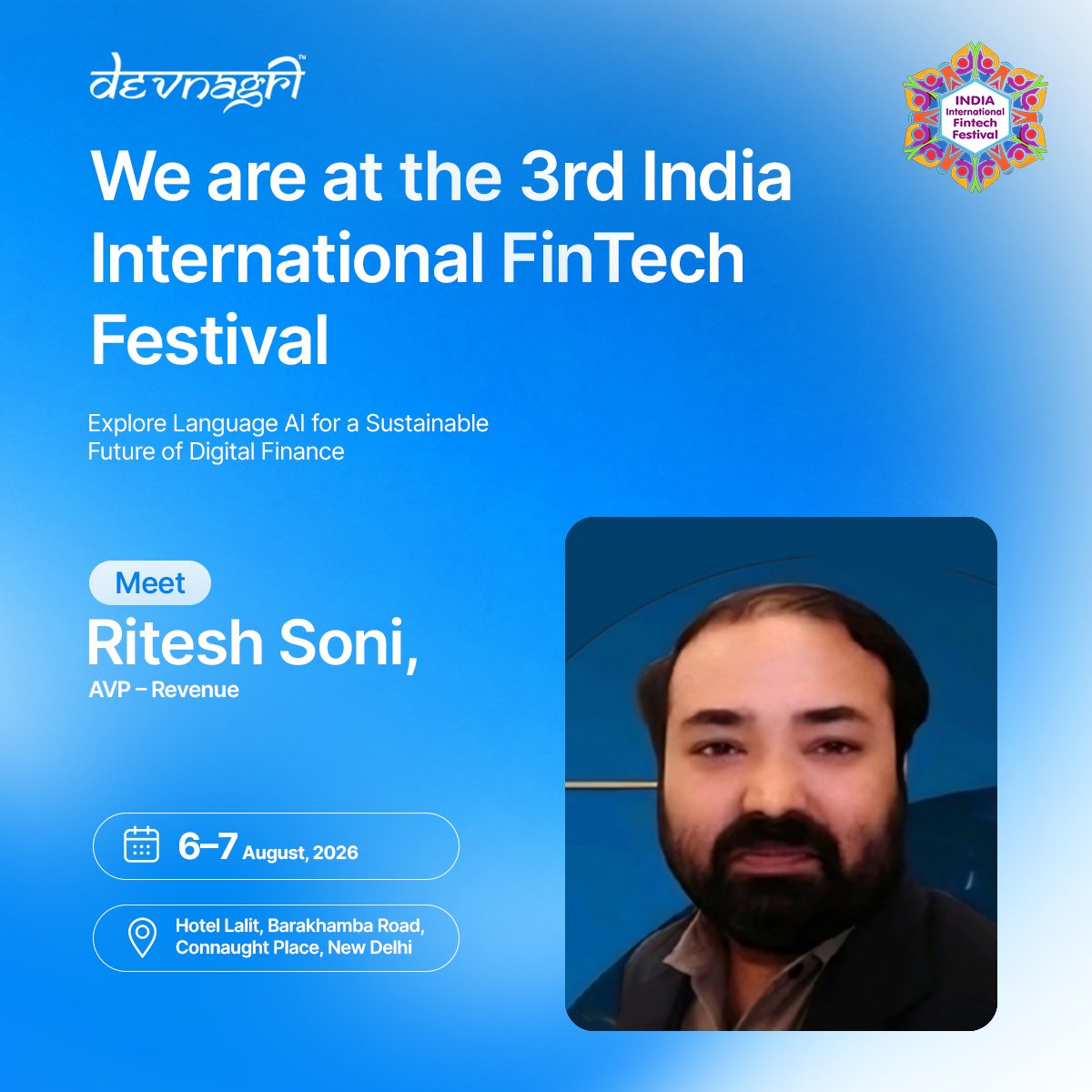 Devnagri_AI's tweet photo. We're at the 3rd India International FinTech Festival, hosted by @ASSOCHAM4India.
Our AVP-Revenue Ritesh Soni is representing Devnagri AI in conversation with policymakers and financial institutions on what trusted digital finance in India needs next.📅6–7 Aug 📍Hotel Lalit,Delhi https://t.co/Jqt42KjPWz