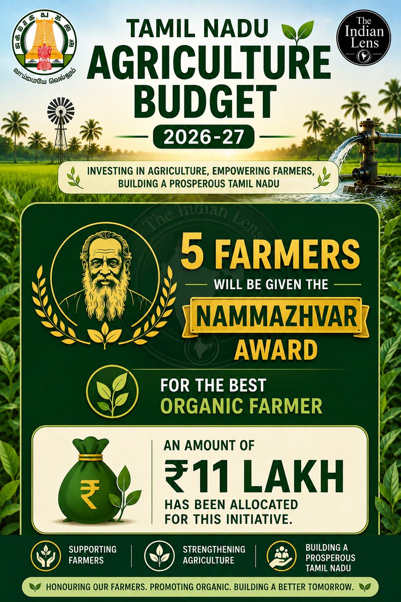 Indianlens26's tweet photo. 🌱 Recognizing champions of #organicfarming!

As part of the #TamilNadu #Agriculture #Budget 2026-27, the State will honour five outstanding #organicfarmers with the #Nammazhvar #Award. An allocation of ₹11 lakh has been made to encourage sustainable agricultural practices. https://t.co/D8MODe2j2i