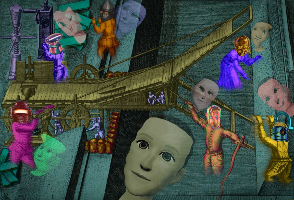 A medieval siege engine, tended by gnome-sized purple figures. Around it are several human-like figures with robot heads, clad in medieval garb. Their legs are missing, tapering off into nothingness. The giant floating head of Mark Zuckerberg's metaverse avatar overlooks the scene. Each of the robot people is being closely observed by a distorted, grotesque version of Zuckerberg's avatar head.