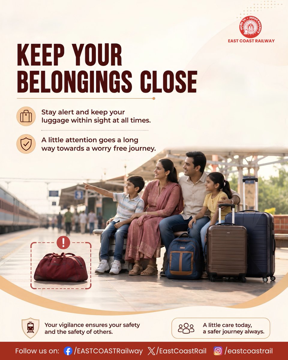 EastCoastRail's tweet photo. A safe journey begins with staying alert. 🎒
Keep your luggage within sight and never leave your belongings unattended at stations or onboard trains.
A little vigilance today can prevent unnecessary loss tomorrow.
Travel smart. Travel safe.
#TravelSafe #PassengerSafety #ECoR https://t.co/SZ0a5HGQV3