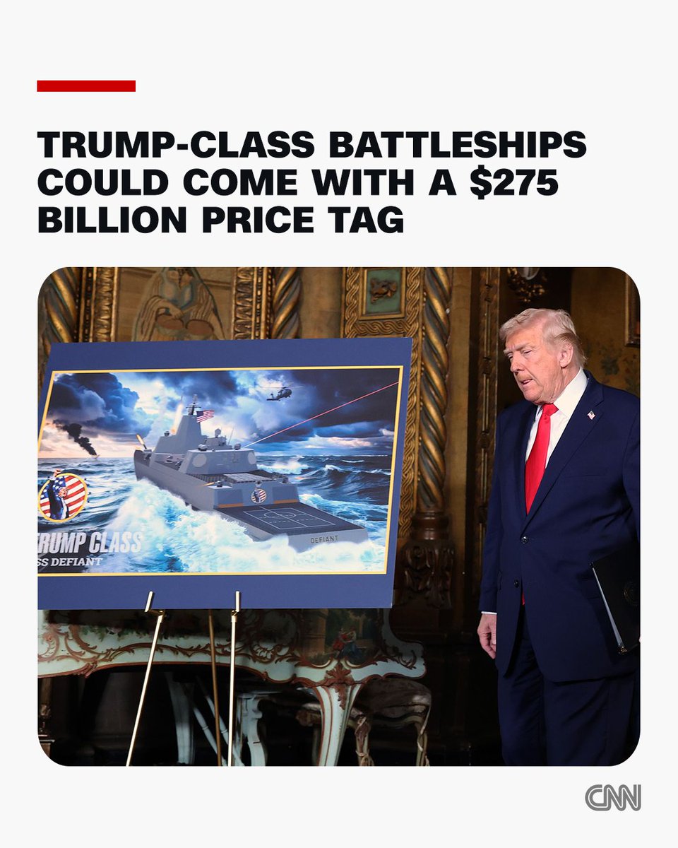 CNN's tweet photo. The Trump administration's plan for the US Navy to build its largest battleships since World War II comes with a whopping price tag of $275 billion, and US shipyards may not have the capacity to build them, a new report from the Congressional Budget Office says. https://t.co/Fmk4EFjwUq