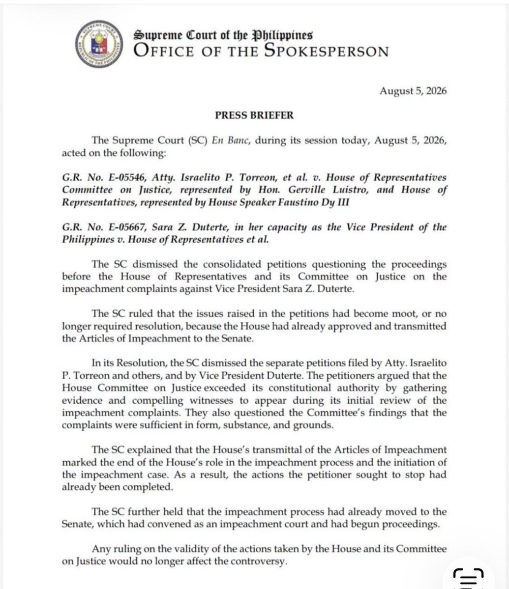 imtheatan's tweet photo. There comes a point when VP Sara Duterte can no longer rely on technicalities and procedural arguments.

She has every right to seek legal remedies, including going to the Supreme Court. 

But the SC dismissed these petitions as moot since the  impeachment is now before the Senate. 

So, she should just face the music.