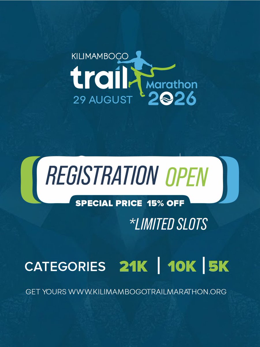 MbogoMarathon's tweet photo. Registration for the Kilimambogo Trail Marathon 2026 is NOW OPEN. Enjoy 15% OFF for a limited time.

~~Ksh 4,000~~ ❌ Ksh 3,500 (15% Off)

Secure your slot today! #KTM2026 https://t.co/AMIweJHgPt