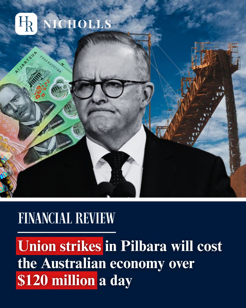 HRNSociety's tweet photo. Militant unions are once again putting Australia's prosperity at risk.

Their latest strike in the Pilbara could cost more than $120 million every single day in lost revenue and strip millions a day in royalties from the Western Australian Government.

Every day strike drag on is another day Australia's economy pays the price for union militancy.

Australia needs an economy that rewards hard work, not one that can be held hostage by militant union bosses.