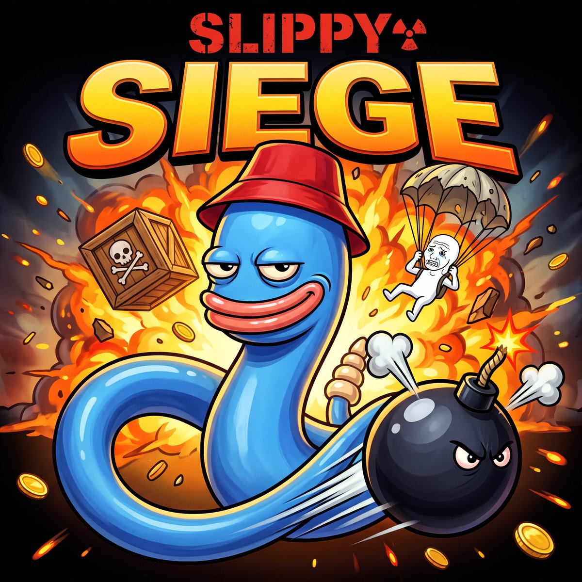 Slippyclub's tweet photo. Slippy Siege update:

• 5 new weapons: hodl mine, laser eyes, whale slam, margin call, black swan
• nuke got a real mushroom cloud 
• every explosion is juicier. damage untouched, drama doubled

gsss. https://t.co/cbyEPT1wDv