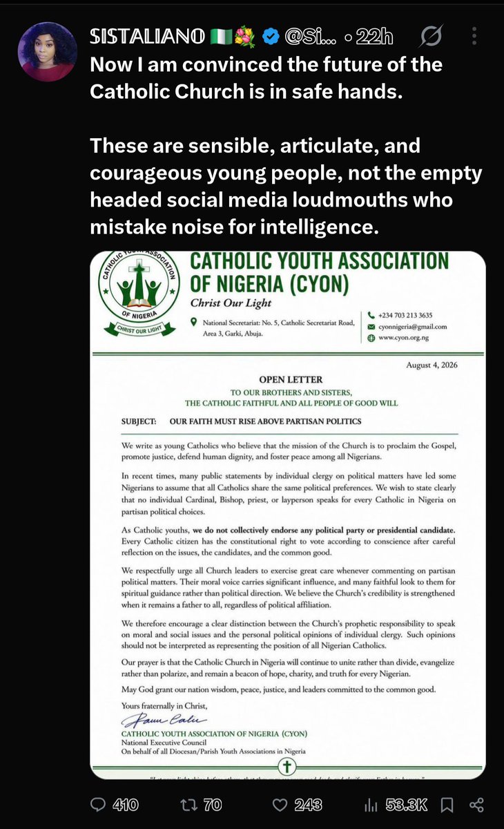 SamuelOmogor's tweet photo. You can see clearly that they were the ones who forged the letter in the name of Catholic Youths and shared it in their WhatsApp groups for their PONU miscreants to share.

Everything about them and their regime is CRIMINALITY. And they are so unintelligent in doing these things.  Tufiakwa