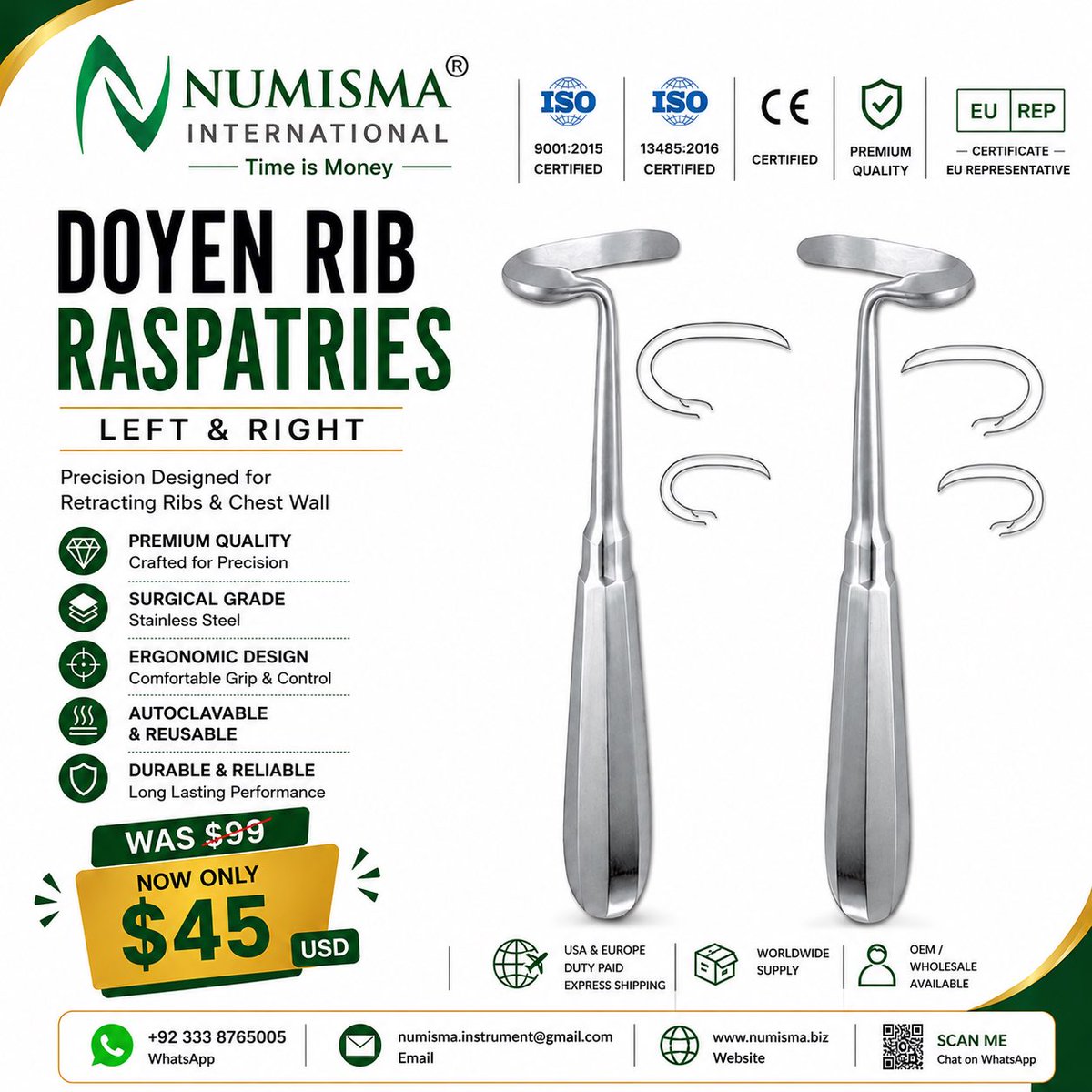 numismainst's tweet photo. 🔹 DOYEN RIB RASPATORIES – LEFT &amp; RIGHT 🔹

• Premium Surgical Grade Stainless Steel

• 🌍 USA &amp; Europe Duty Paid Shipping
• 💰 Special Offer: Was $99 – Now Only $45 USD

#SurgicalInstruments #ThoracicSurgery #RibRaspatory #MedicalDevices #NumismaInternational https://t.co/tRW8m8M6NT