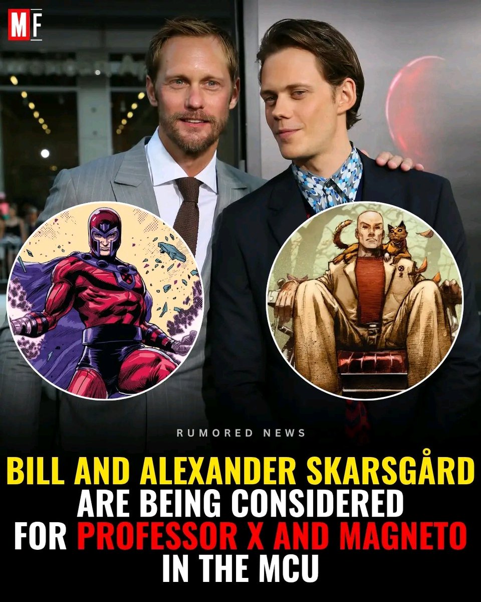 Kebbiking2's tweet photo. Breaking: Brothers Bill Skarsgård and Alexander Skarsgård are going portray Professor X and Magneto in the upcoming X-Men reboot.

Known for dark, transformative roles like Pennywise and Count Orlok, Bill Skarsgård (35) would bring an intellectual yet complex edge to a younger, establishing Professor X.

 Standing at 6'4" with a commanding screen presence demonstrated in The Northman and Succession, Alexander Skarsgård (49) fits the intimidating, regal gravitas required for the Master of Magnetism.

Casting actual brothers to play comic books' most famous idealist and extremist dynamic could bring genuine, layered fraternal tension to the screen.