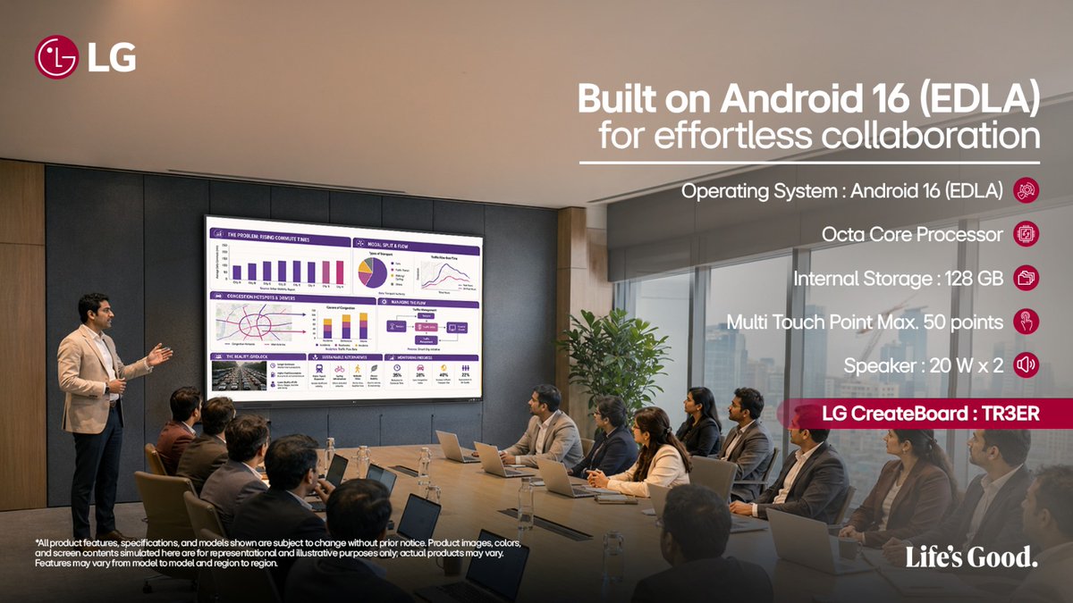 LGIndia's tweet photo. Android 16 (EDLA) keeps every session in sync.
Know More - https://t.co/mXECuvZwWr
#LG #LGIndia #LifesGood #LGCreateBoard #CorporateTraining #Android16 #WorkplaceLearning #Collaboration #BusinessTechnology #CommercialDisplaySolutions https://t.co/zEQNe7AjJF