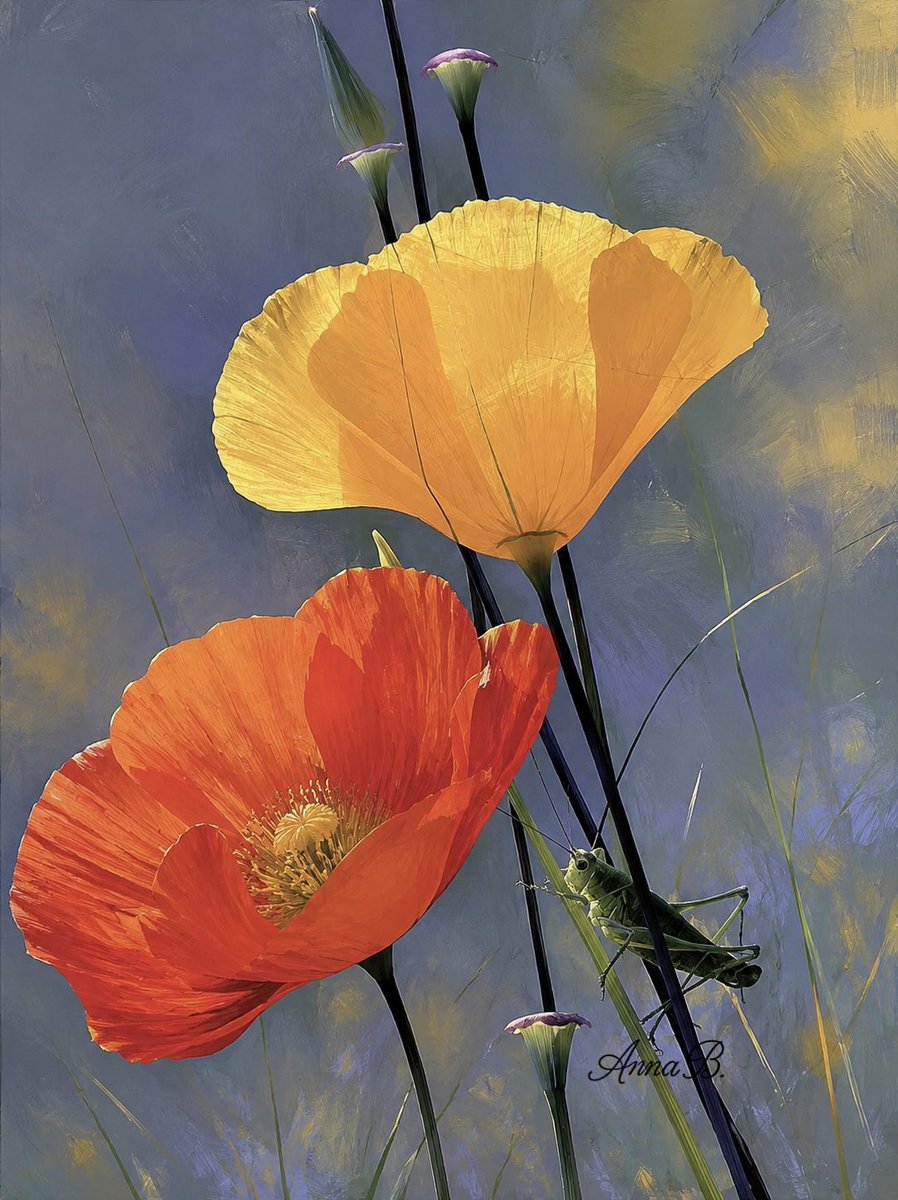 Aurora41155547's tweet photo. Golden Poppies and the Grasshopper
#Art #SynthArt #AnnaBArt #Poppies #Grasshopper #NatureArt #FloralPainting #BotanicalIllustration https://t.co/lWzGIHfARN
