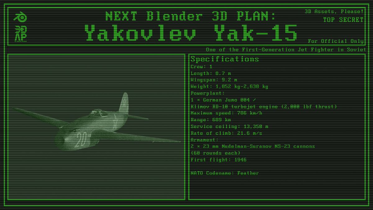 3DCG_mylife's tweet photo. Next Plan: Yakovlev Yak-15
This aircraft is one of the Soviet Union's first-generation jet fighters; I've decided to use it for my next 3D model!
#preview #yak15 #yakovlev #blender #b3d #warthunder #jetfighter #airforce #jet https://t.co/4KAkTzAXBv