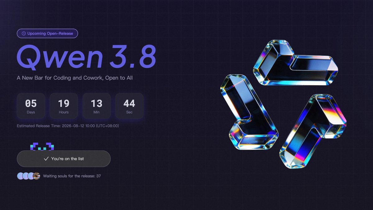 ModelScope2022's tweet photo. The countdown is on. ⌛️🔥
A new bar for coding and cowork, the first open-source Qwen-Max class model. Let's Get ready for the release of Qwen3.8-2.4T-A95B 🚀
🔔 Follow ModelScope for the open-source drop: https://t.co/85C2hajMad https://t.co/I22tnHBEBC