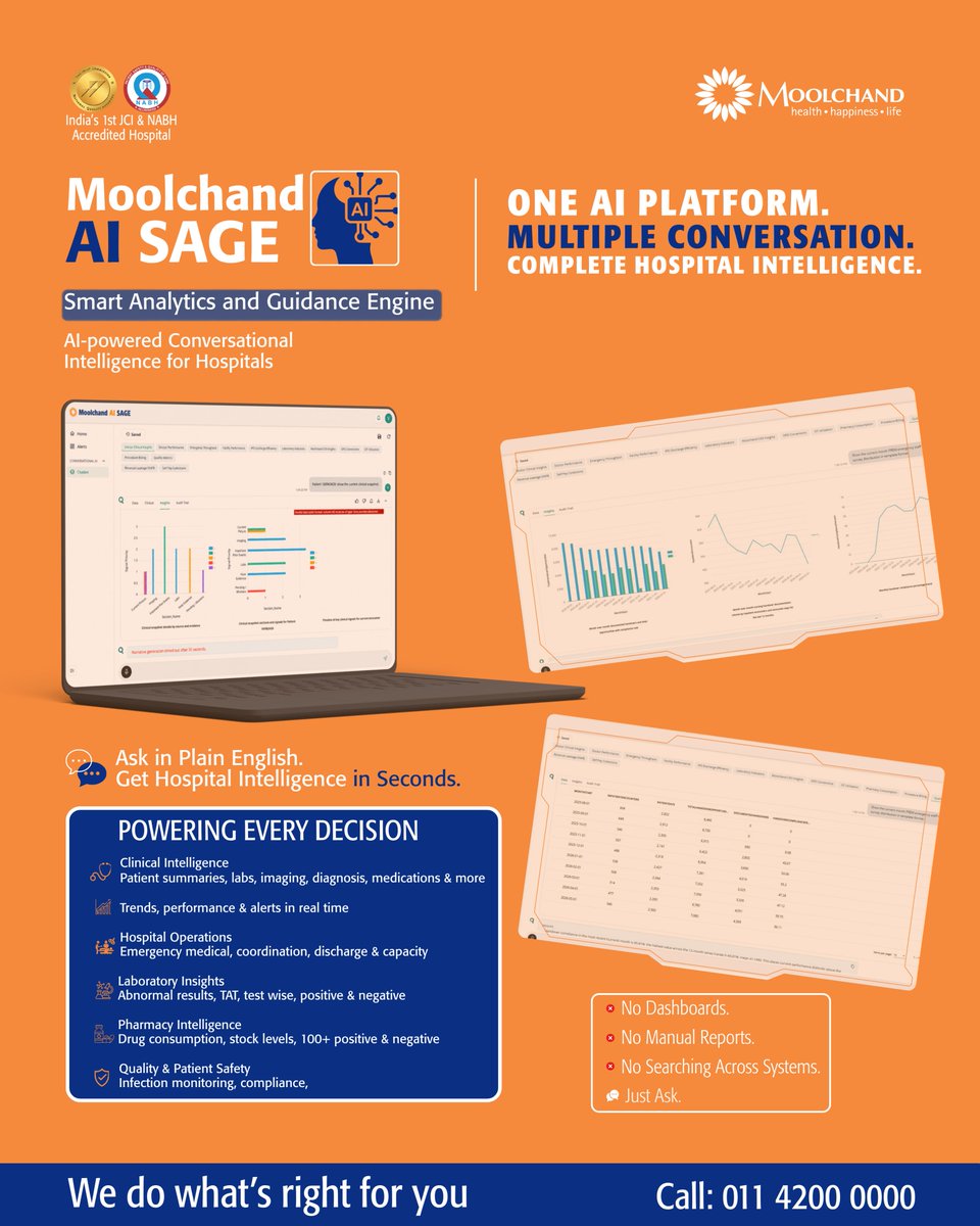 VibhuTalwar's tweet photo. AI meets healthcare at Moolchand. 

What if doctors didn't have to hunt for patient data?

What if they just... asked?

Today we're launching AI SAGE — a conversational AI platform that turns every clinician's question into an instant answer. No dashboards. No reports. No waiting.

A physician asks: "Show me the complete clinical profile for patient Mr. Sharma, including all recent lab abnormalities and pending investigations."

AI delivers. In seconds.

This is what happens when patient care comes first.

🔍 Real-time clinical insights at the bedside
⚡ Emergency teams optimizing flow instantly 
🏥 OT managers reducing cancellations
🛡️ Quality teams catching risks before they escalate
💊 Pharmacy teams preventing stockouts

The result? 10+ hours per week returned to patient care. Infection responses: days to hours. Quality incidents: days to hours.

Just questions. AI-powered answers. Patient safety at the center.

This is Moolchand's AI-first journey. 🚀

#healthtech #AI #digitalhealth #patientcare #healthcareinnovation #moolchandhospital #medicaltechnology #healthcarefuture #Innovation #patientsafety #clinicalexcellence #delhihospital