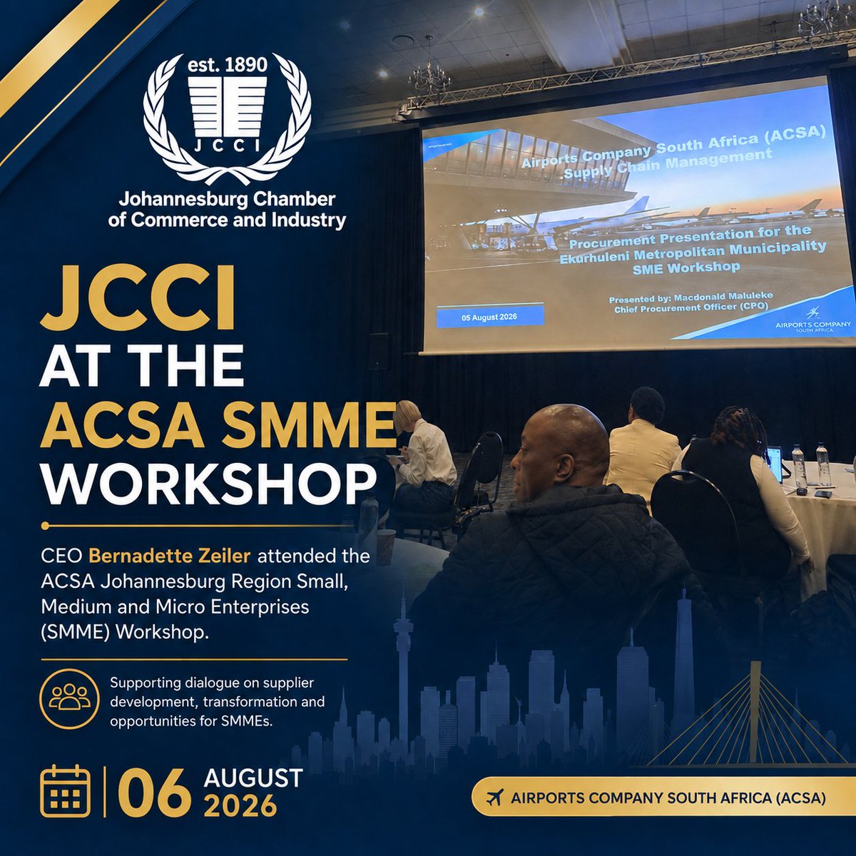 JHBJCCI's tweet photo. 🟡🔵 JCCI CEO Bernadette Zeiler attended the ACSA Johannesburg Region SMME Workshop, engaging on supplier development, transformation and opportunities for small businesses.🔵🟡

#JCCI #ACSA #SMME https://t.co/FbLthjyUdG