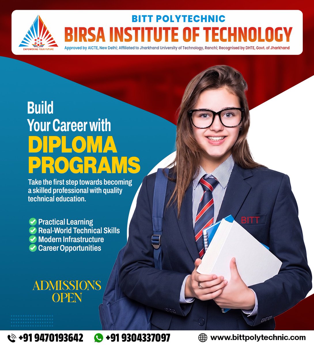 bittpp1's tweet photo. 🎓 Admissions Open at BITT Polytechnic!
📞 Admission Helpline: +91 9470193642 | +91 9304337097
#BITTPolytechnic #AdmissionsOpen #DiplomaCourses #TechnicalEducation #CareerGrowth #SkillDevelopment #EngineeringDiploma #Jharkhand #FutureReady #BuildYourCareer https://t.co/kcIBllKYAL