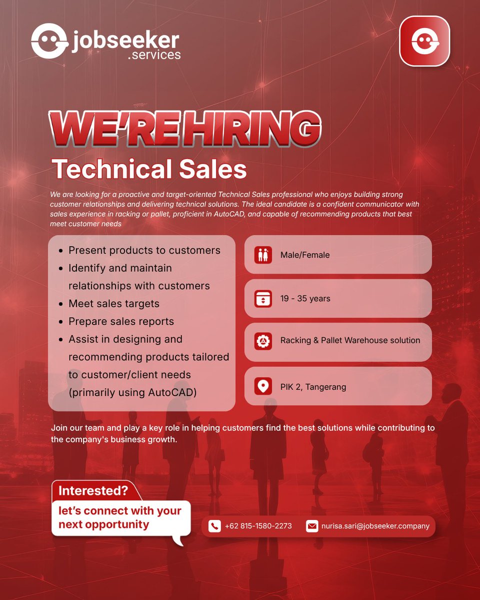 iRCJSC's tweet photo. Hi All, we're still hiring for Technical Sales in Racking Warehouse Solution industry, located in PIK 2, Tangerang.  Silahkan kirim CV ke email atau DM yah!!

#Sales #LokerSales #SalesRacking #RackingSystem #PIK2 #LokerTangerang https://t.co/x5GKxucf7t