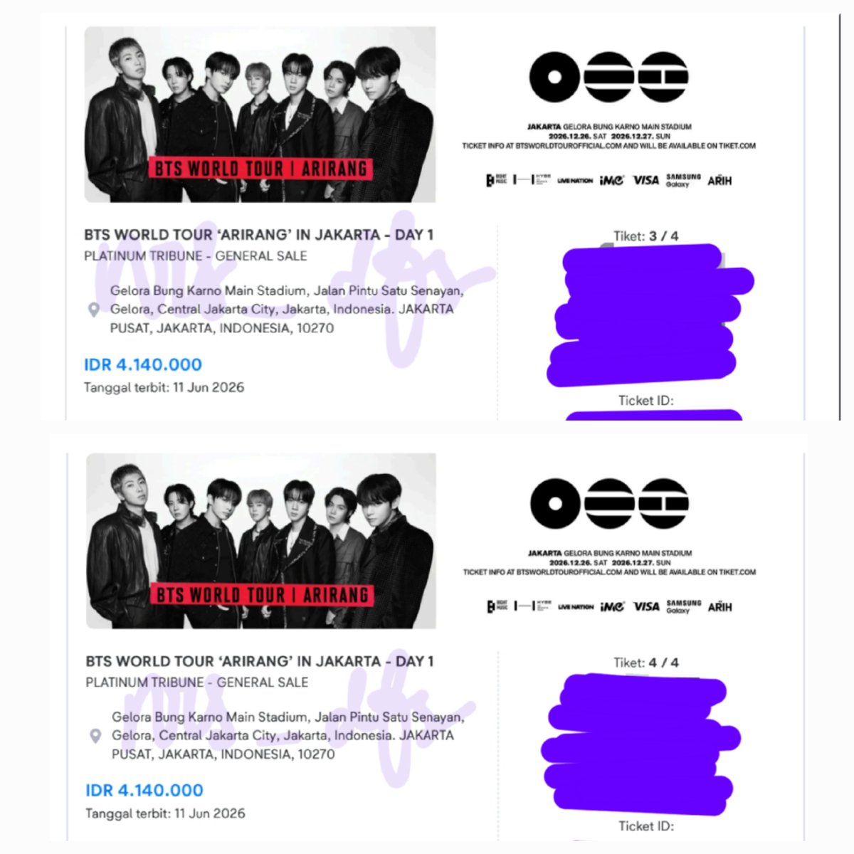 ngzbct's tweet photo. WTS BTS ARIRANG JAKARTA
2 TIX PLATINUM TRIBUNE DAY 1 + Official Merch

✅️ Tickets processed into WB
✅️ DP, Remaining payment at the venue w handover of WB
✅️ Merch sent first after DP 
✅️ Agreement letter 

Check testi here:
https://t.co/DEn5orWdMe

t. Army Jkt day1 2tix https://t.co/cNVVSJXGok