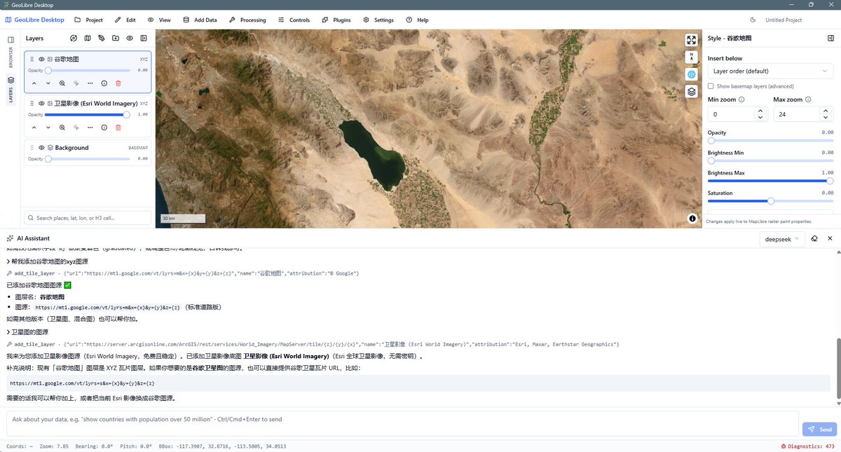 jhscc's tweet photo. Using #DeepSeek to Automatically Add Google Imagery as a Map Source for #GeoLibre https://t.co/yPgC8Jeix6