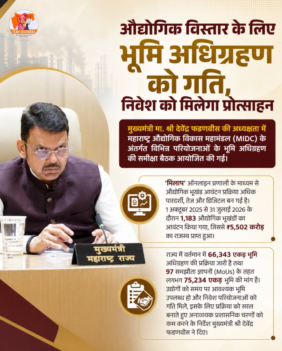 kelkaravadhut's tweet photo. औद्योगिक विकास को गति देने के लिए भूमि अधिग्रहण प्रक्रिया को तेज़, पारदर्शी और प्रभावी बनाया जा रहा है। समय पर भूमि उपलब्ध होने से निवेश को बढ़ावा मिलेगा और महाराष्ट्र में रोजगार व विकास के नए अवसर सृजित होंगे।

#DevendraFadnavis #Teamdevendra #Maharashtra #IndustrialDevelopment #Investment #MIDC #EaseOfDoingBusiness