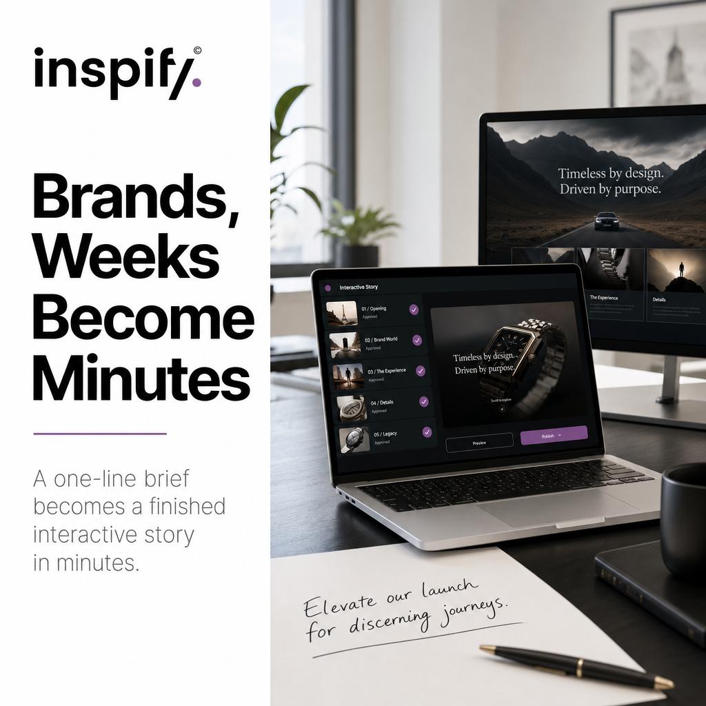 inspifyme's tweet photo. The three-week brief-to-delivery cycle still runs while the client moment it was meant for passes. A one-line brief becomes a finished interactive story in minutes, every scene approved before it ships. Brands, weeks become minutes. https://t.co/2Q1m1pKFta