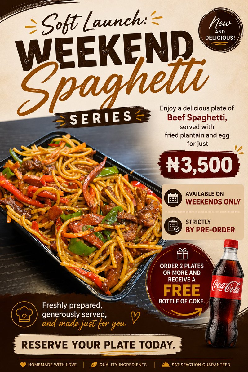 cee_fromshare's tweet photo. hi lovelies we are soft lunching our 🍝 Weekend Spaghetti Series
₦3,500 per plate
🥤 FREE Coke on orders of 2+ plates 
📢strictly on pre-order 
Book your slot now for the weekend https://t.co/K6vr9kXbne