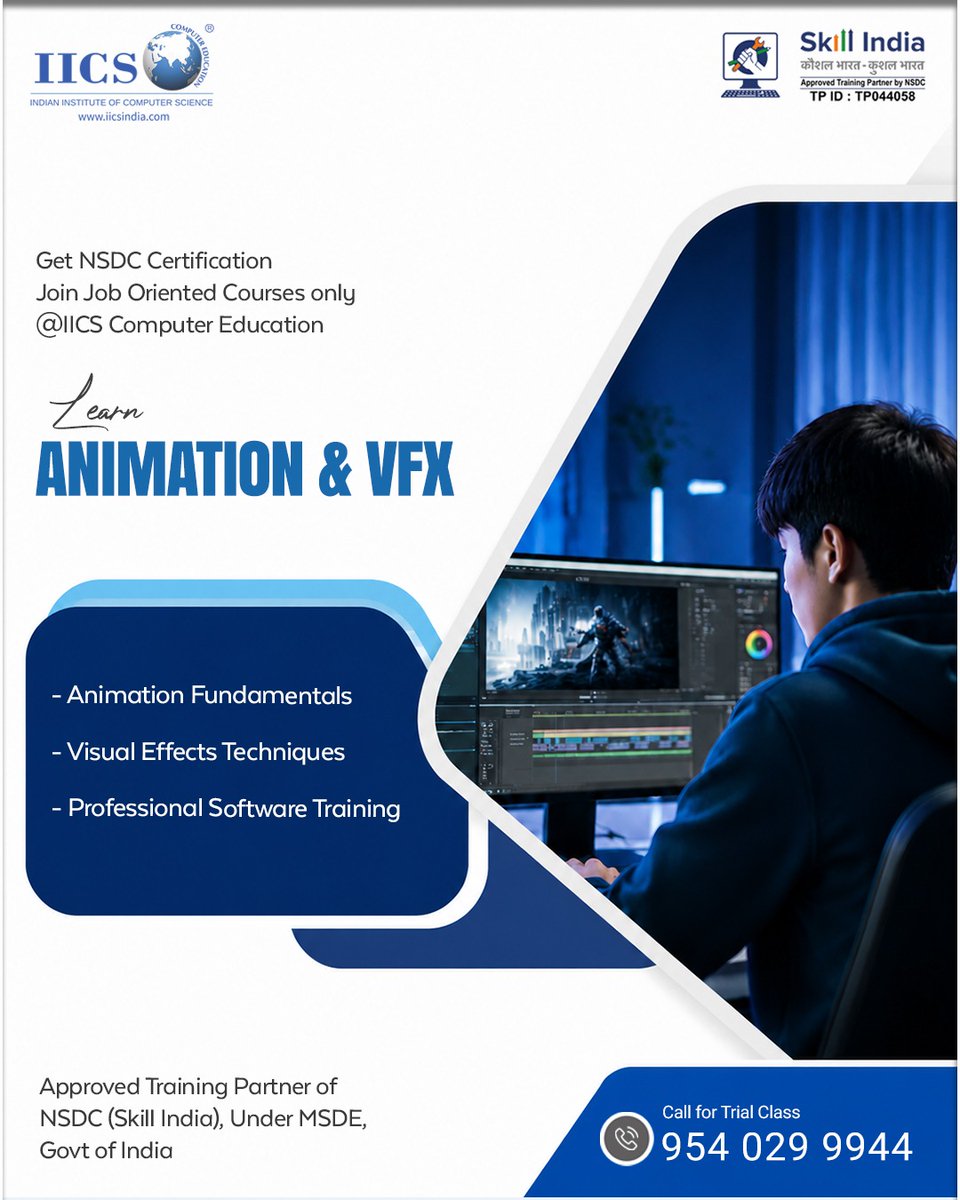 IICSIndia's tweet photo. 🚀 Enroll Today | Book Your FREE Trial Class: 954 029 9944
#Animation #VFX #IIICS #SkillIndia #NSDC #AnimationCourse #VisualEffects #GraphicDesign #GamingIndustry #DigitalMedia #CreativeCareer #JobOrientedCourse #ComputerEducation #FutureReady #LearnAndGrow https://t.co/Mpn9LTM8ii