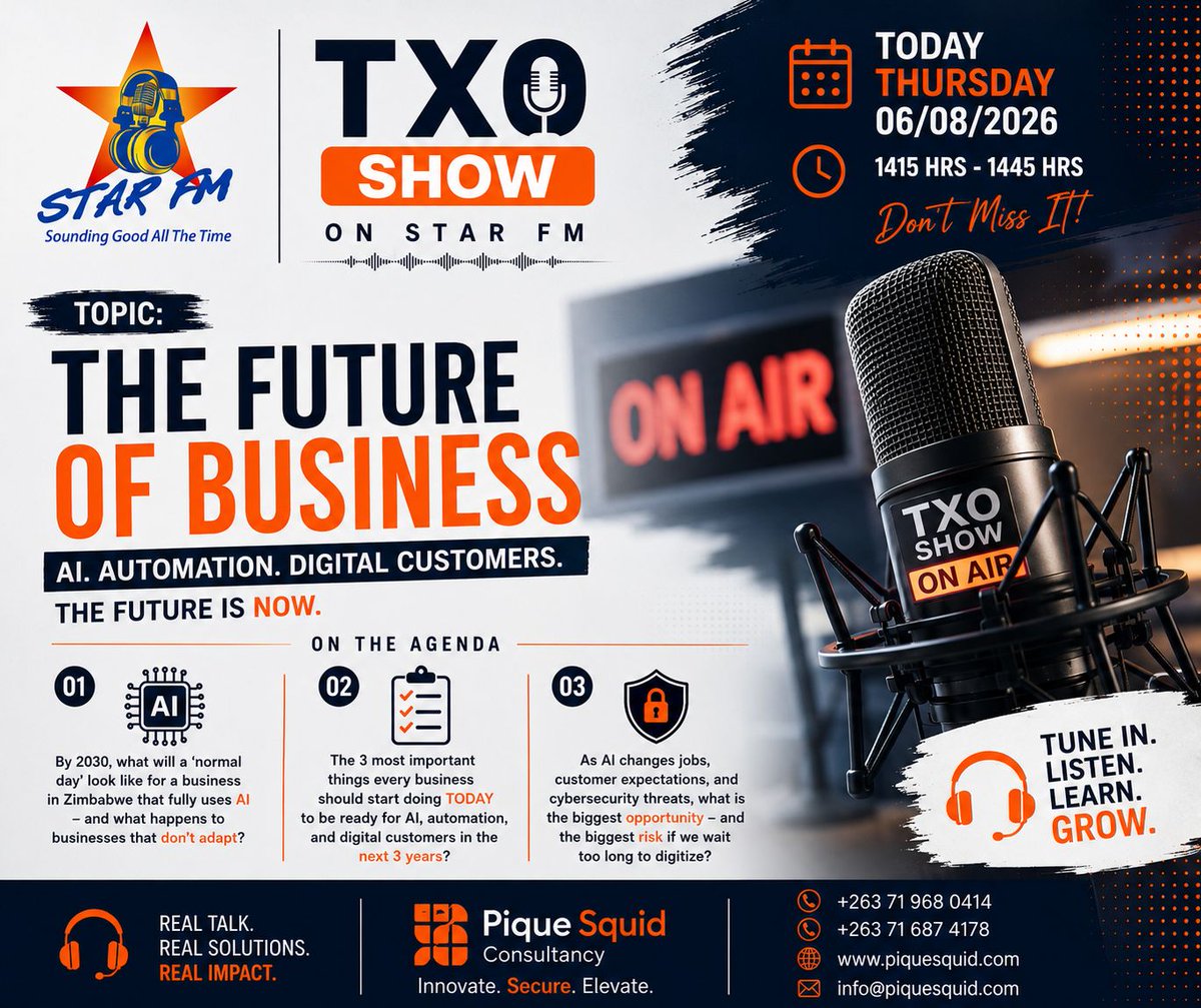 PiqueSquid's tweet photo. 🎙️ We're LIVE today on Star FM's TXO Show!

Topic: The Future of Business

🤖 AI
⚙️ Automation
📱 Digital Customers

🗓️ Today
🕑 14:15–14:45 HRS

Join the conversation!

#TXOShow #StarFM #AI #PiqueSquid #FutureOfBusiness https://t.co/T6LxbqAd6R