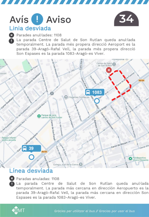 EMT_Palma's tweet photo. #AvisosEMT ⚠️La parada Centre de Salut de Son Rutlan (1108) de la línia 34 queda anul·lada temporalment. Consulta tots els detalls! 👇
-
⚠️La parada Centre de Salut de Son Rutlan (1108) de la línea 34 queda anulada temporalmente. ¡Consulta los detalles! 👇 https://t.co/QvfFFBQhHl